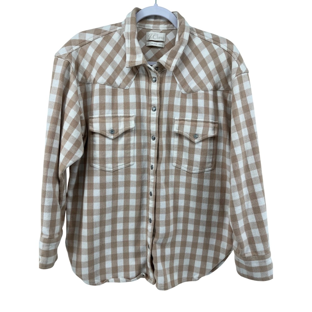 J Crew Relaxed Fit Plaid Flannel Western Pearl‎ Snap Shirt S Tan White S Shacket